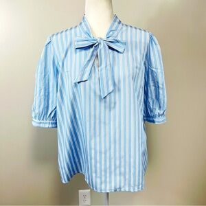 TAMARA H Blue & White Striped Tie Neck Short Sleeve Blouse - XL